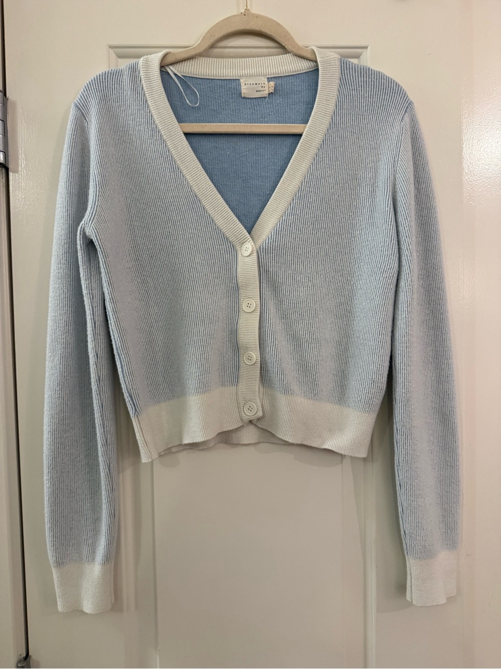 Dreamers by Debut Light Blue Ribbed Cropped Cardigan with White Trim - Picture 2 of 5
